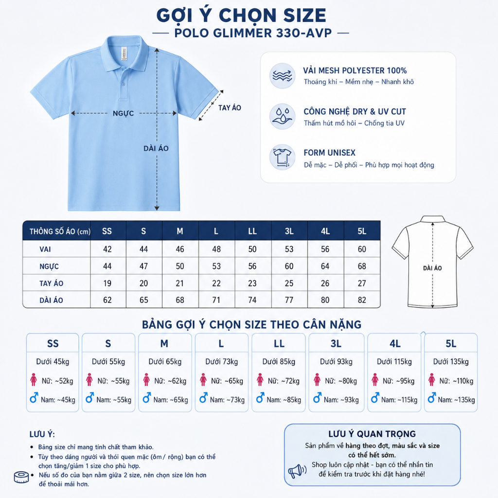 Combo 2 Áo Polo Glimmer 00302-ADP Không Túi Unisex - Vải Dry Mesh 4.4oz, Thấm Hút Nhanh, Thoáng Mát