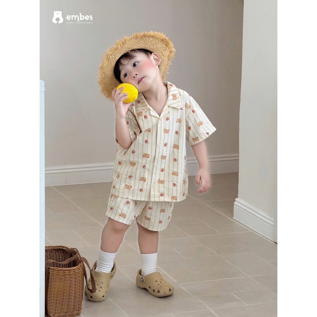 Bộ Cộc Cho Bé Embes, Combo 2 Bộ Cộc Tay Đi Biển Chất Cotton Mềm Mại Cho Bé Trai Bé Gái Từ 8-18kg
