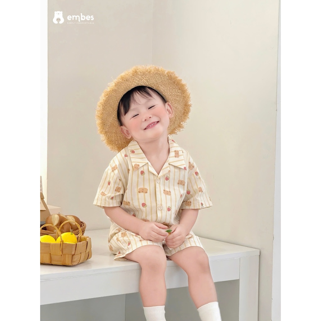Bộ Cộc Cho Bé Embes, Combo 2 Bộ Cộc Tay Đi Biển Chất Cotton Mềm Mại Cho Bé Trai Bé Gái Từ 8-18kg