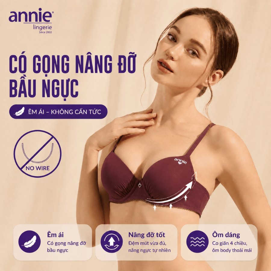 Áo Lót Nữ Annie BRA8553 Có Gọng Nâng Ngực Mút Dày 2cm, Áo Ngực Cúp Trơn Đệm Dày Ôm Form Dây Vai Mảnh