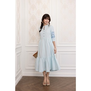SWANLAKE | Váy Đầm Nữ Maxi Đuôi Cá Xòe Vải Cotton Tay Lỡ Thêu Hoa Cổ Trụ Cài Nút Công Sở D13567
