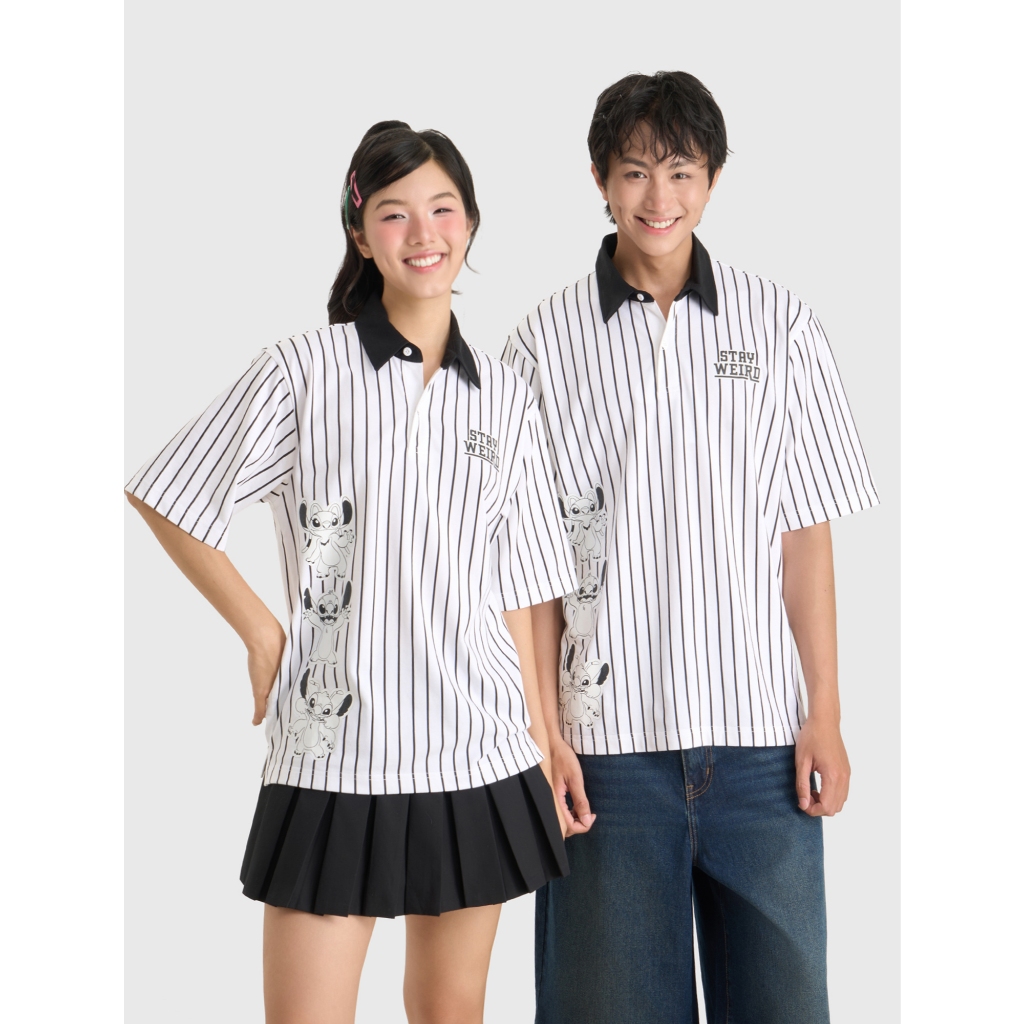 Áo polo unisex nam nữ CANIFA oversize cổ bẻ cộc tay họa tiết kẻ sọc in hình Stitch 5TP26C001