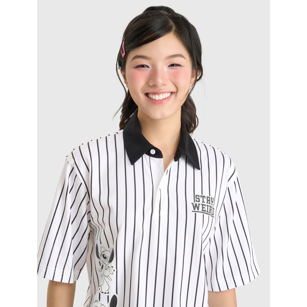 Áo polo unisex nam nữ CANIFA oversize cổ bẻ cộc tay họa tiết kẻ sọc in hình Stitch 5TP26C001