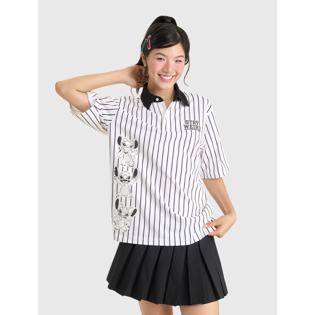 Áo polo unisex nam nữ CANIFA oversize cổ bẻ cộc tay họa tiết kẻ sọc in hình Stitch 5TP26C001