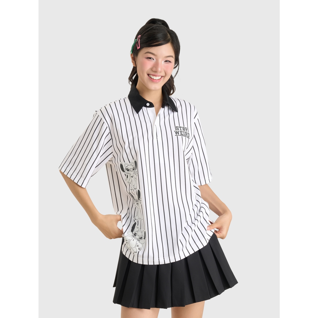 Áo polo unisex nam nữ CANIFA oversize cổ bẻ cộc tay họa tiết kẻ sọc in hình Stitch 5TP26C001