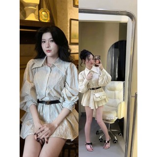 MIMI CLOTHING -áo nữ cổ sơ mi kẻ sọc form rộng tay phồng phối đai thắt eo