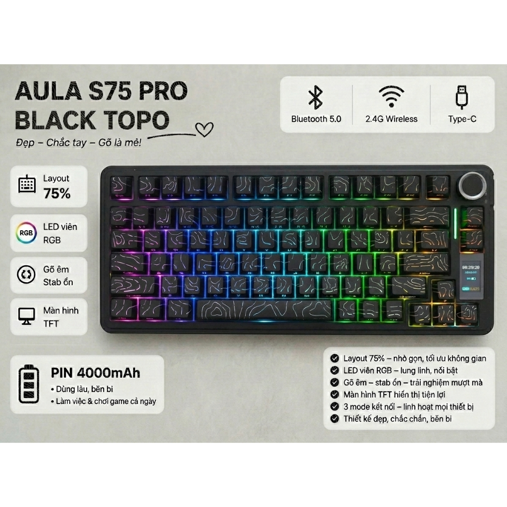 AULA Bàn phím cơ S75 Pro Mạch xuôi Layout 75% 80 keys và núm xoay-Màn hình 1.14 TFT-Hotswap-LED RGB | BigBuy360 - bigbuy360.vn