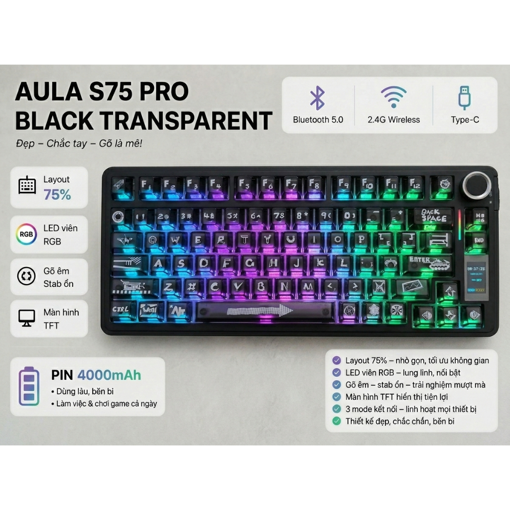 AULA Bàn phím cơ S75 Pro Mạch xuôi Layout 75% 80 keys và núm xoay-Màn hình 1.14 TFT-Hotswap-LED RGB | BigBuy360 - bigbuy360.vn