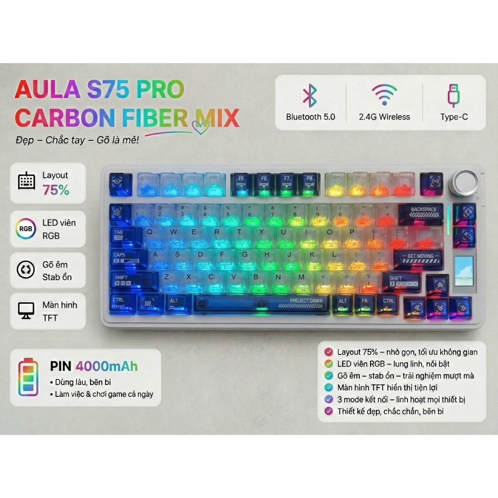 AULA Bàn phím cơ S75 Pro Mạch xuôi Layout 75% 80 keys và núm xoay-Màn hình 1.14 TFT-Hotswap-LED RGB | BigBuy360 - bigbuy360.vn