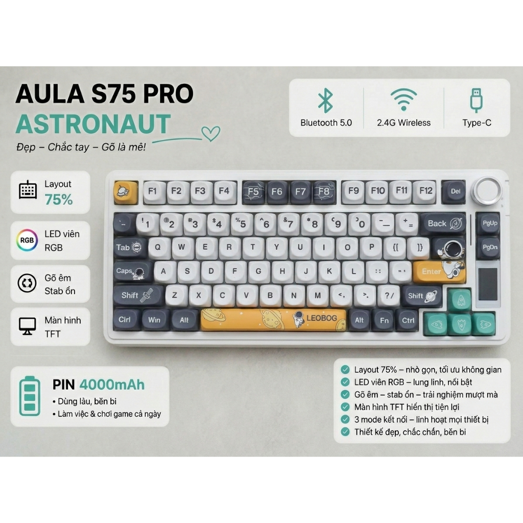 AULA Bàn phím cơ S75 Pro Mạch xuôi Layout 75% 80 keys và núm xoay-Màn hình 1.14 TFT-Hotswap-LED RGB | BigBuy360 - bigbuy360.vn