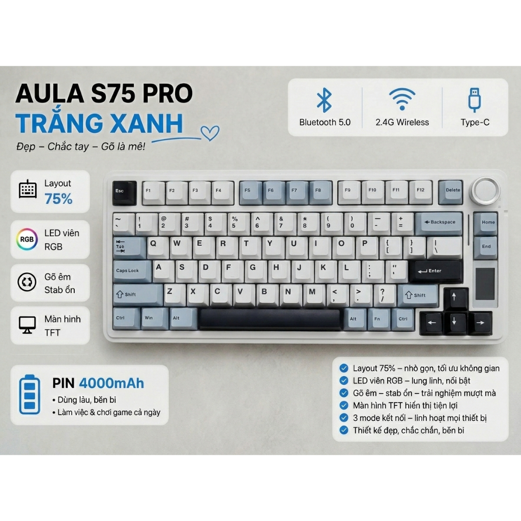 AULA Bàn phím cơ S75 Pro Mạch xuôi Layout 75% 80 keys và núm xoay-Màn hình 1.14 TFT-Hotswap-LED RGB | BigBuy360 - bigbuy360.vn