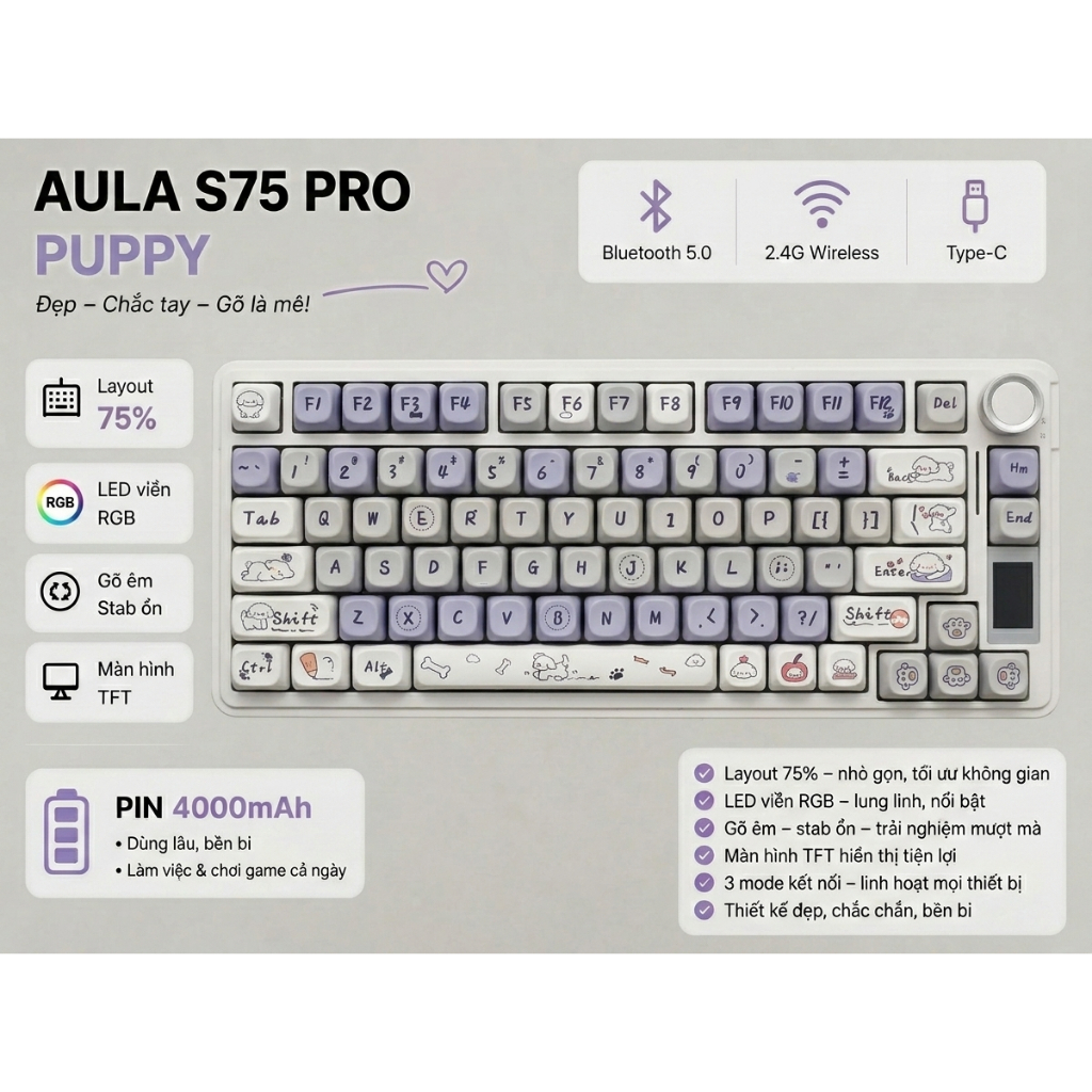 AULA Bàn phím cơ S75 Pro Mạch xuôi Layout 75% 80 keys và núm xoay-Màn hình 1.14 TFT-Hotswap-LED RGB