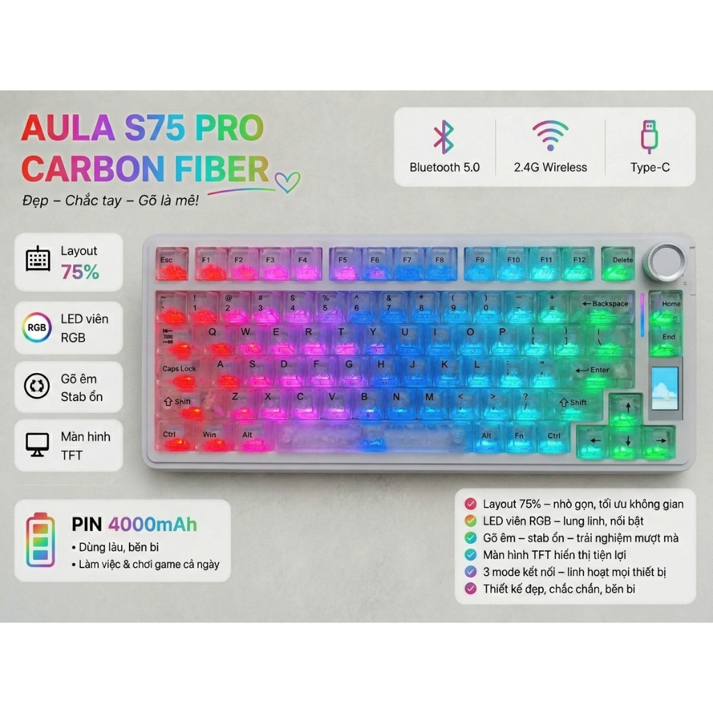 AULA Bàn phím cơ S75 Pro Mạch xuôi Layout 75% 80 keys và núm xoay-Màn hình 1.14 TFT-Hotswap-LED RGB | BigBuy360 - bigbuy360.vn