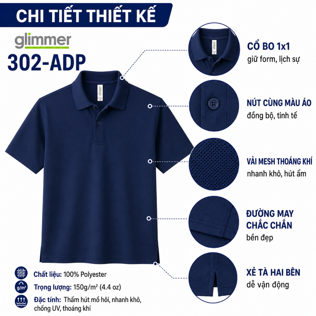 Combo 2 Áo Polo Glimmer 00302-ADP Không Túi Unisex - Vải Dry Mesh 4.4oz, Thấm Hút Nhanh, Thoáng Mát