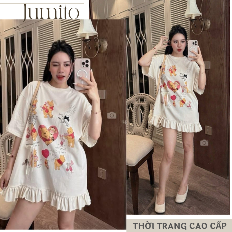 Đầm thun nữ dáng ngắn cổ tròn in hoạt hình gấu pooh dễ thương dáng rộng babydoll mặc nhà dạo phố HCOM26119