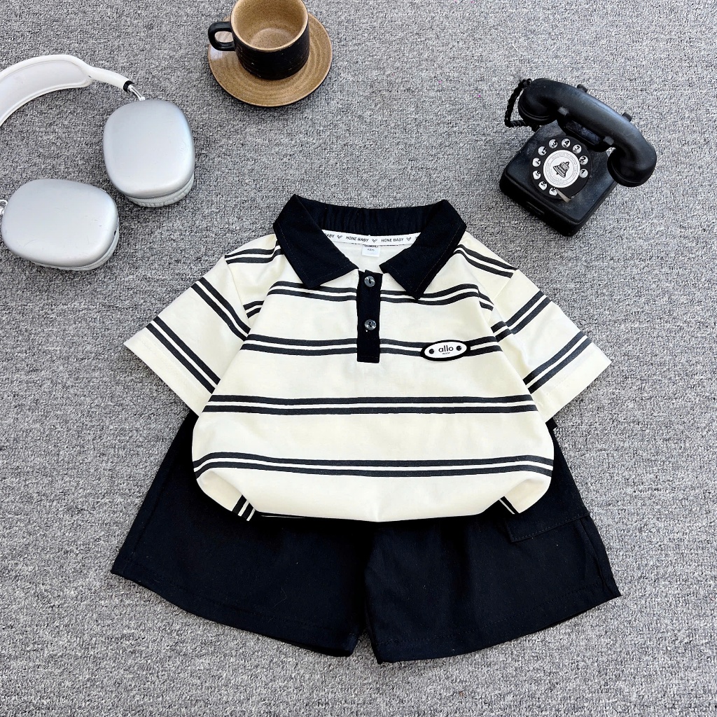 Set Bộ Đồ Hè Bé Trai Áo Polo Kẻ Ngang Mix Quần Đùi Đen Basic, Đồ Bộ Có Cổ Cho Bé Đi Học, Đi Chơi Sang Xịn- GUMIHO KIDS