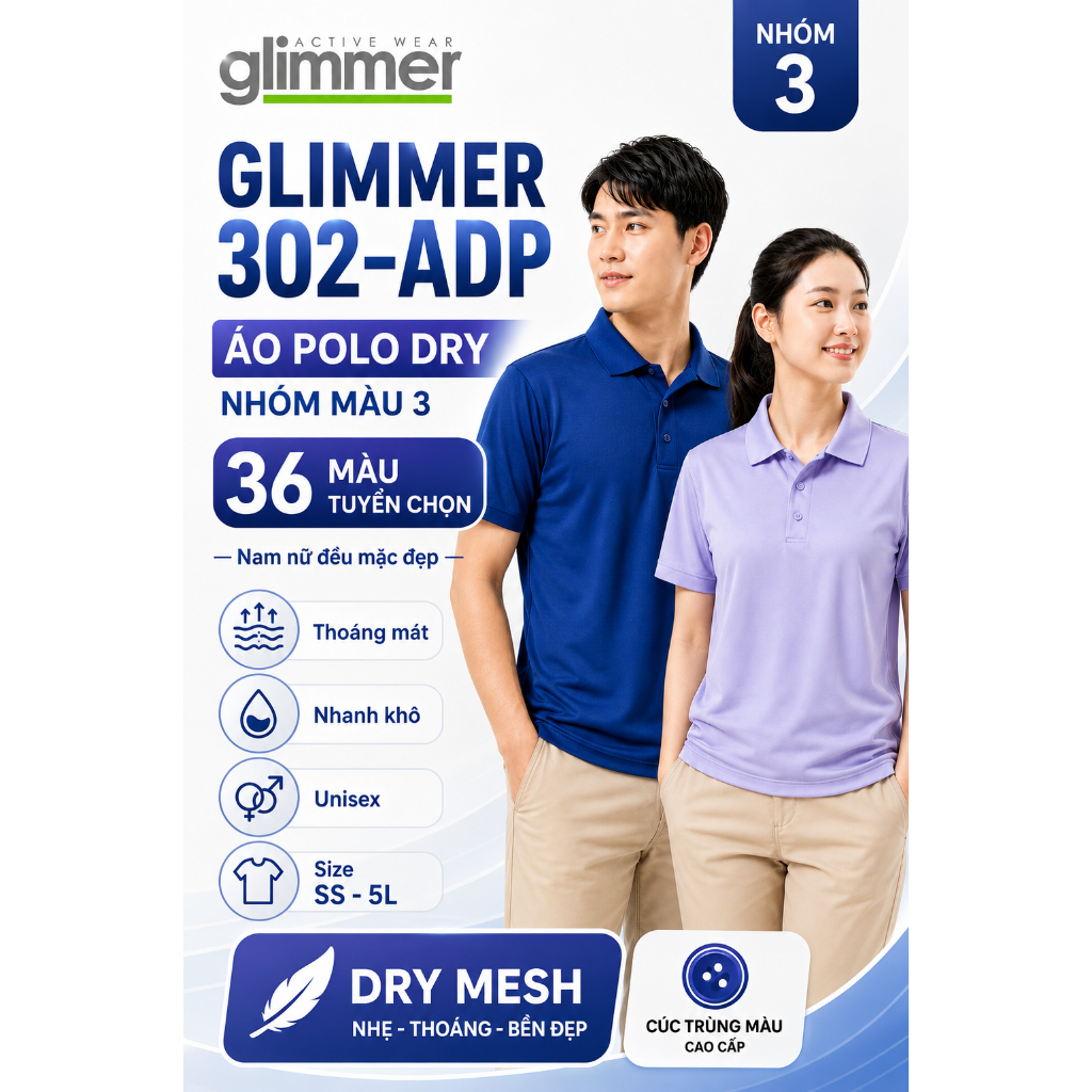 Combo 2 Áo Polo Glimmer 00302-ADP Không Túi Unisex - Vải Dry Mesh 4.4oz, Thấm Hút Nhanh, Thoáng Mát