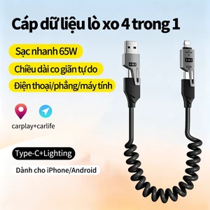 Cáp sạc nhanh 4 trong 1 Cáp dữ liệu lò xo USB Type-C Cáp sạc 65W Cáp sạc ô tô Dùng được cho mọi loại điện thoại di động