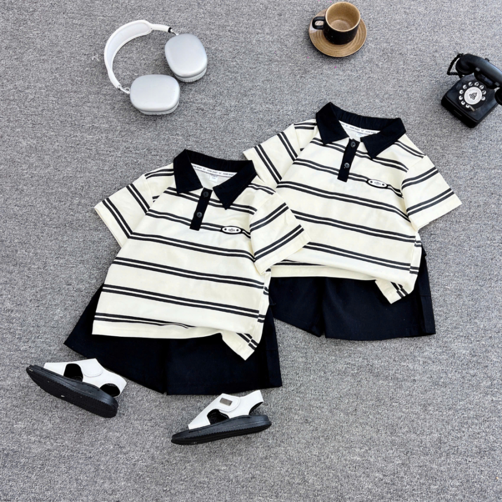 Set Bộ Đồ Hè Bé Trai Áo Polo Kẻ Ngang Mix Quần Đùi Đen Basic, Đồ Bộ Có Cổ Cho Bé Đi Học, Đi Chơi Sang Xịn- GUMIHO KIDS