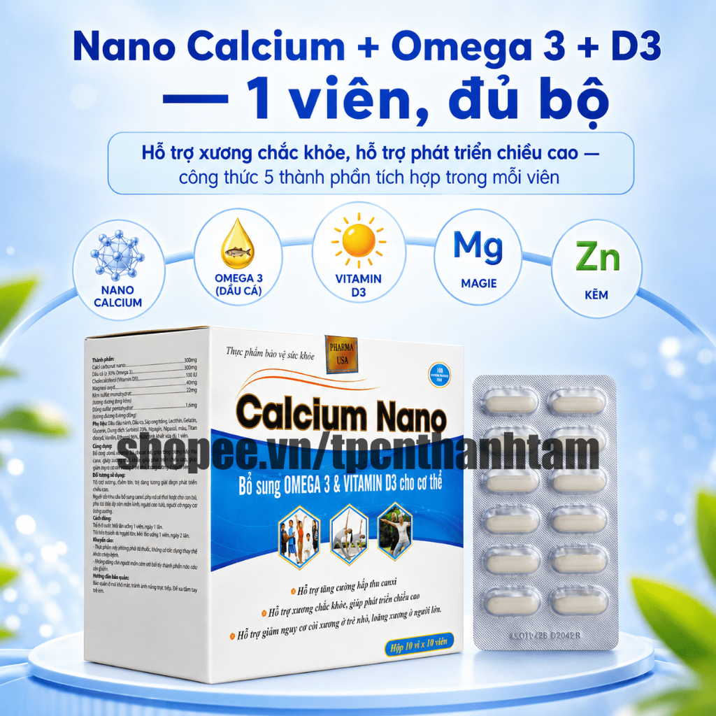 (100V) Viên uống CALCIUM NANO XANH DƯƠNG 100V bổ sung canxi giúp tăng chiều cao, chắc khỏe xương