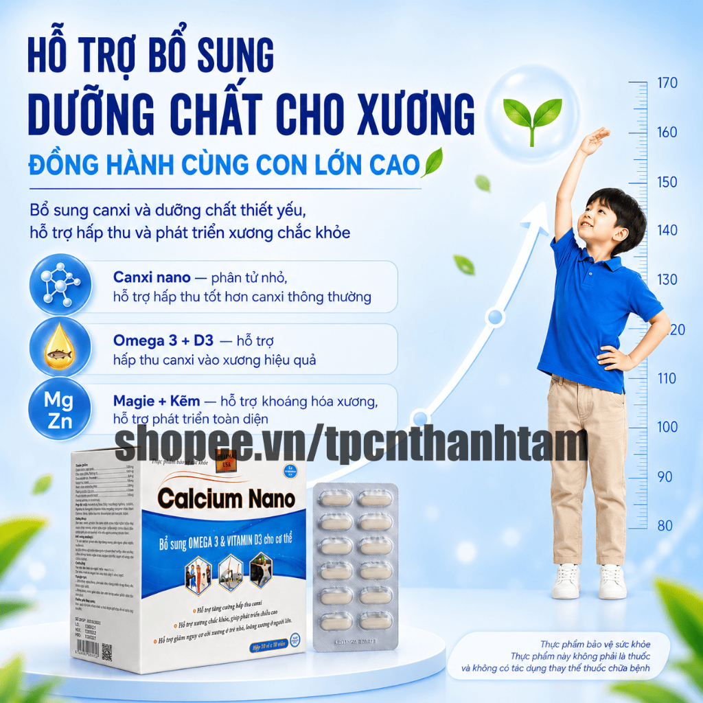 (100V) Viên uống CALCIUM NANO XANH DƯƠNG 100V bổ sung canxi giúp tăng chiều cao, chắc khỏe xương
