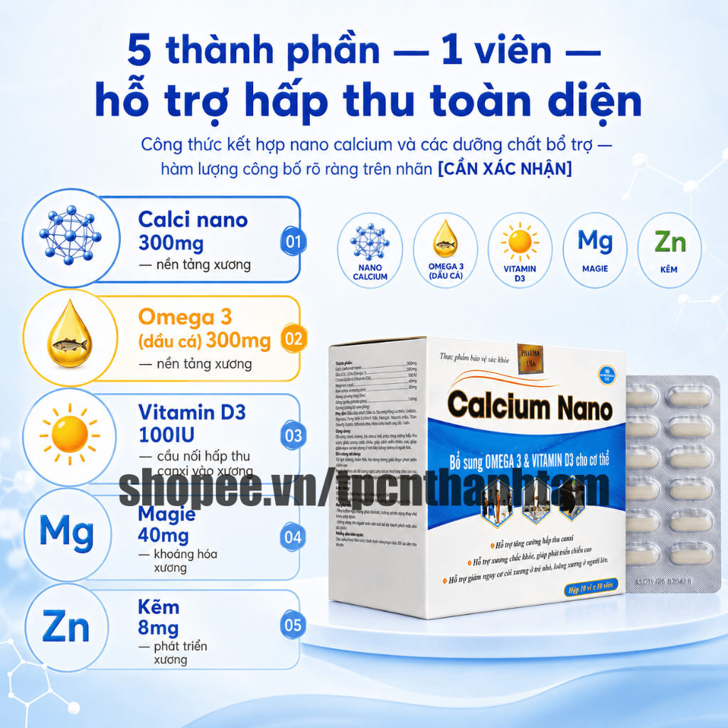 (100V) Viên uống CALCIUM NANO XANH DƯƠNG 100V bổ sung canxi giúp tăng chiều cao, chắc khỏe xương