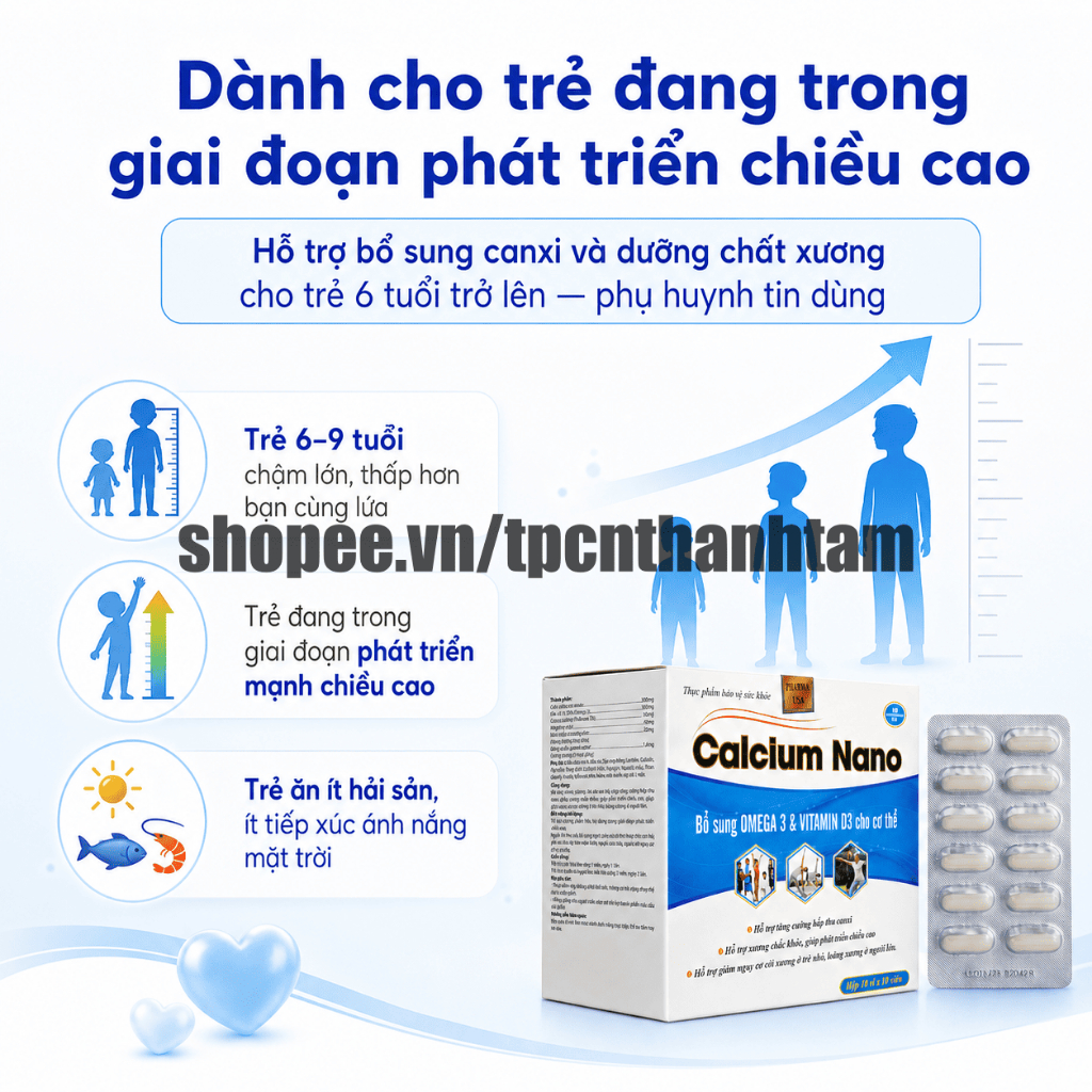 (100V) Viên uống CALCIUM NANO XANH DƯƠNG 100V bổ sung canxi giúp tăng chiều cao, chắc khỏe xương
