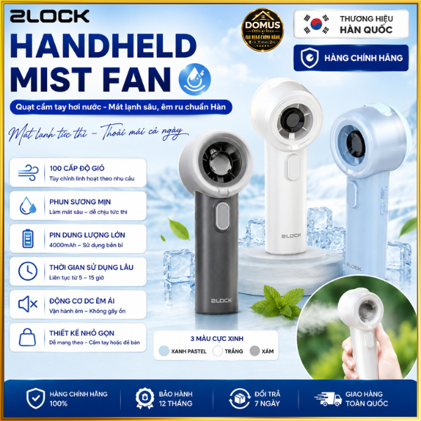 Quạt Cầm Tay Phun Sương 2LOCK Handheld Mist Fan 4000mAh | 100 Cấp Độ Gió| Động Cơ DC Không Chổi Than