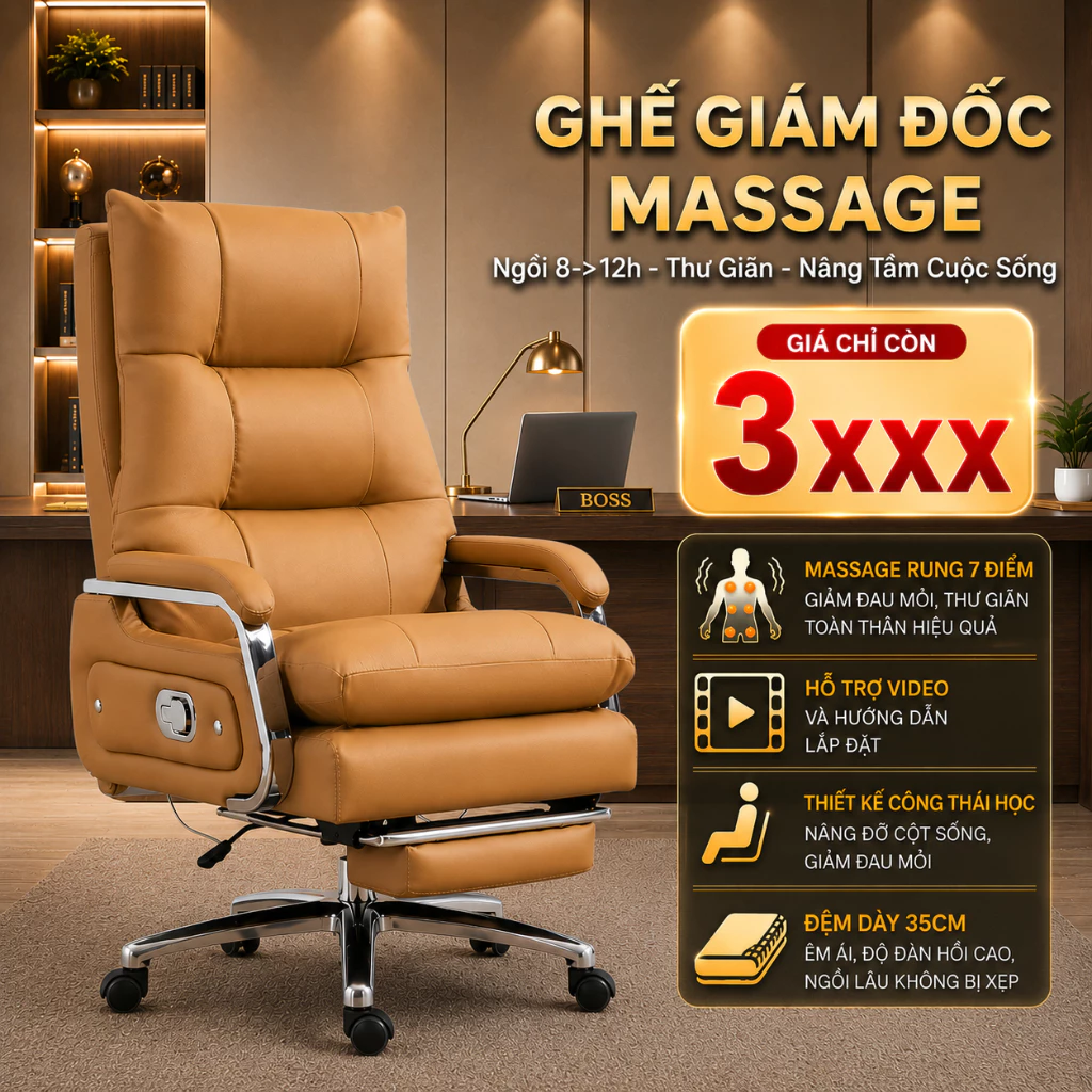 Ghế chủ tịch massage 7 điểm Pehouse V35 bọc da chống thấm chống xước đệm dày 35cm bảo hành 2 năm