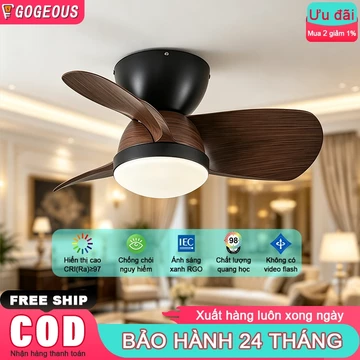 Quạt trần đèn LED 3 cánh ABS vân gỗ 6 tốc độ, quạt trần sát trần 3 màu sáng phòng ngủ phòng khách