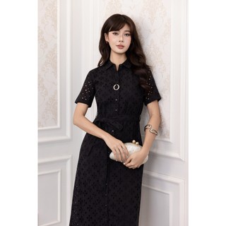 SWANLAKE | Váy Đầm Sơ Mi Nữ Suông Vải Cotton Ren Thêu Đục Lỗ Tay Ngắn Dây Thắt Eo Công Sở D13483