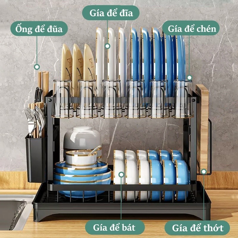 Kệ Úp Bát Đĩa 2 Tầng Có Khay Nước, Giá Để Chén Thép Carbon Chống Gỉ, Tiết Kiệm Diện Tích