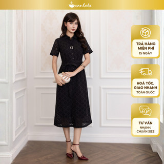 SWANLAKE | Váy Đầm Nữ Suông Vải Cotton Thêu Đục Lỗ Cổ Sơ Mi Tay Ngắn Dây Thắt Eo Công Sở D13483
