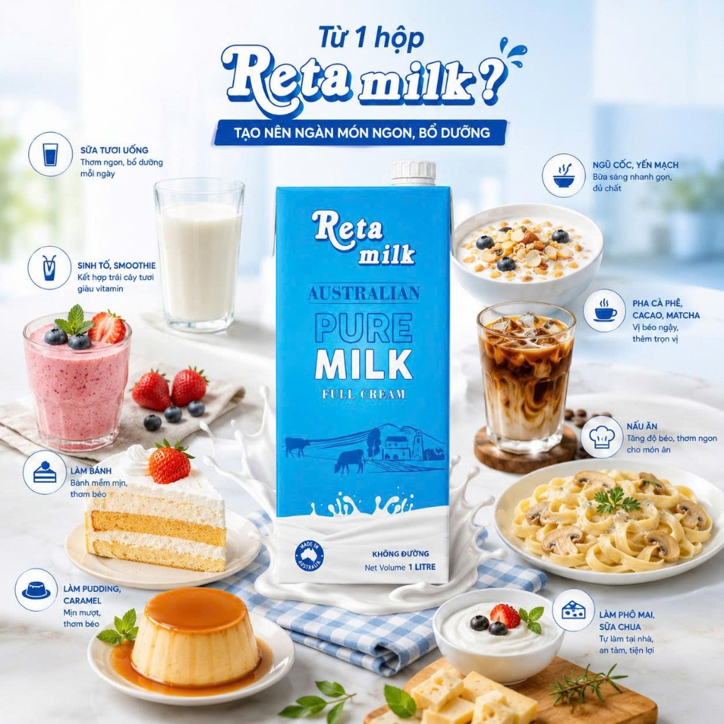 Sữa Tươi Tiệt Trùng Reta Milk Không Đường 1L - Thùng 12 Hộp - Sữa Bò Tươi Nguyên Kem - Nhập Khẩu Úc - [Date 27/10/2026]