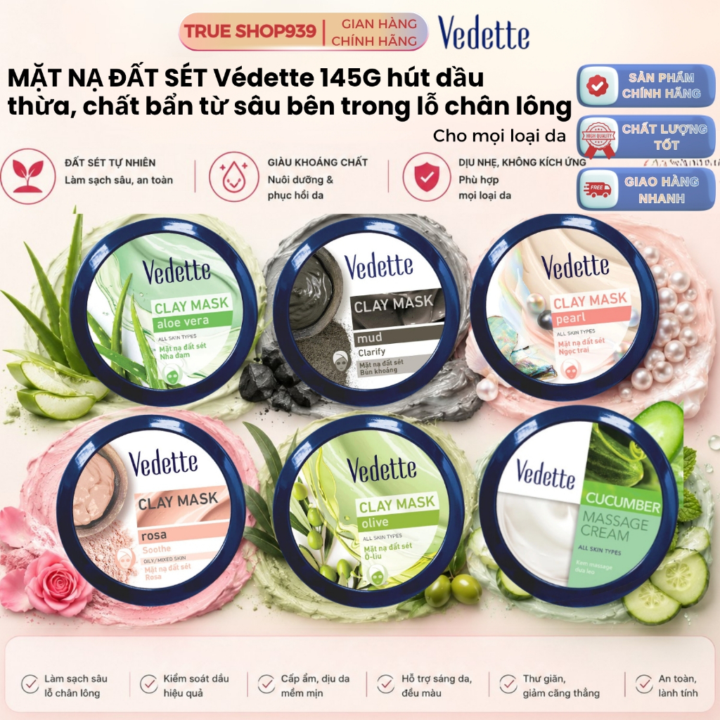 Combo 6 Mặt Nạ Đất Sét Vedette Dạng Hũ Tinh Chất Thiên Nhiên 145g