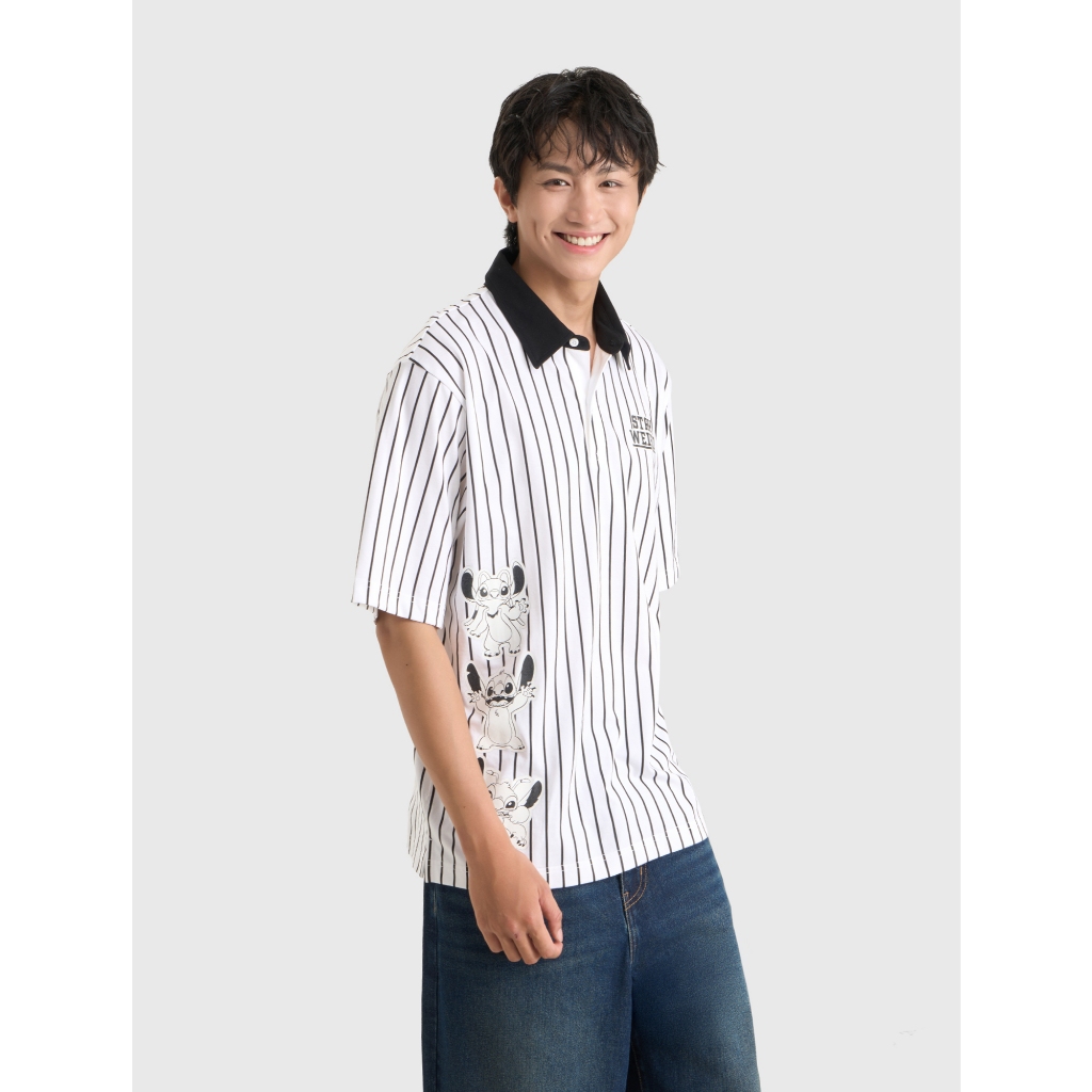 Áo polo unisex nam nữ CANIFA oversize cổ bẻ cộc tay họa tiết kẻ sọc in hình Stitch 5TP26C001