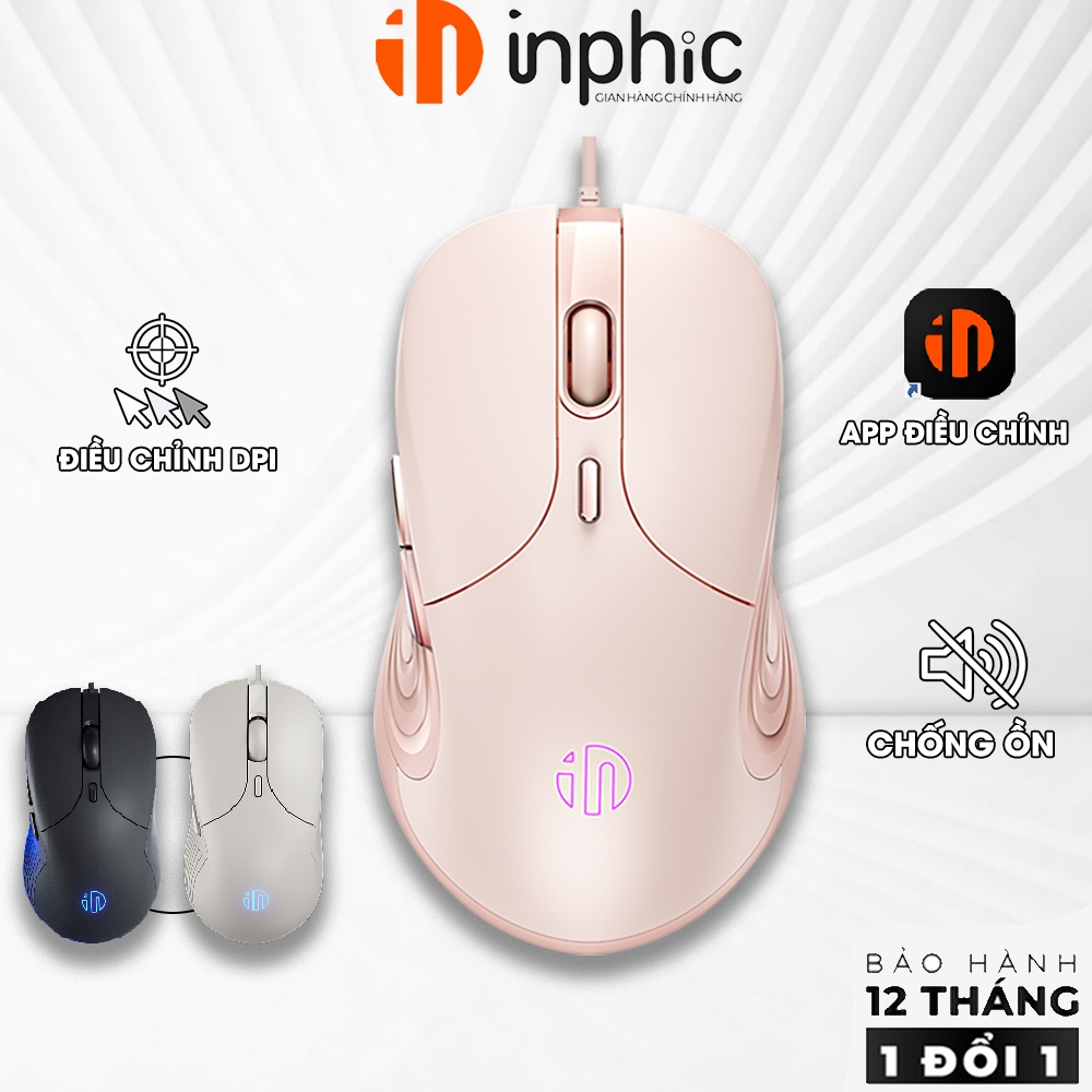 Chuột gaming có dây INPHIC B8 chơi game văn phòng macro các tựa game fps và moba mượt mà bản màu hồng nữ tính