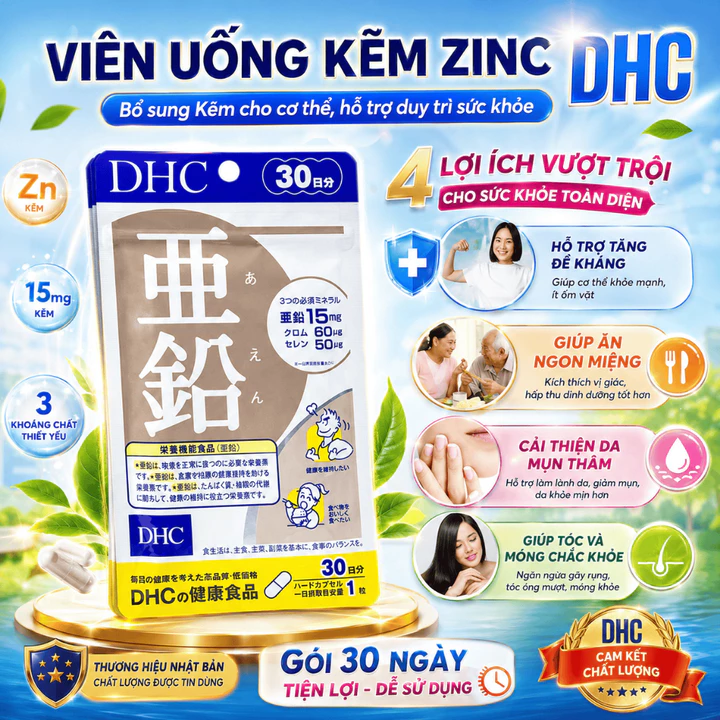 Viên uống Kẽm DHC Zinc Nhật Bản tăng cường thể lực và sức đề kháng, Viên uống bổ sung kẽm DHC chăm sóc sức khỏe.