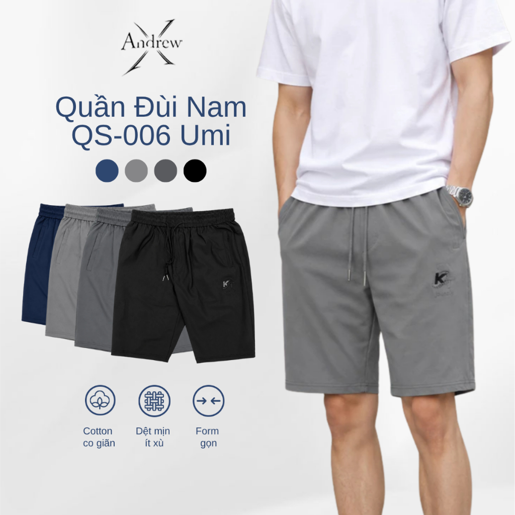 Quần Đùi Nam QS-006 Umi Mềm Dày Dặn, Cạp Chun Êm Ái, Túi Sườn Gọn, Thêu Chữ Nổi Cá Tính Dễ Mặc
