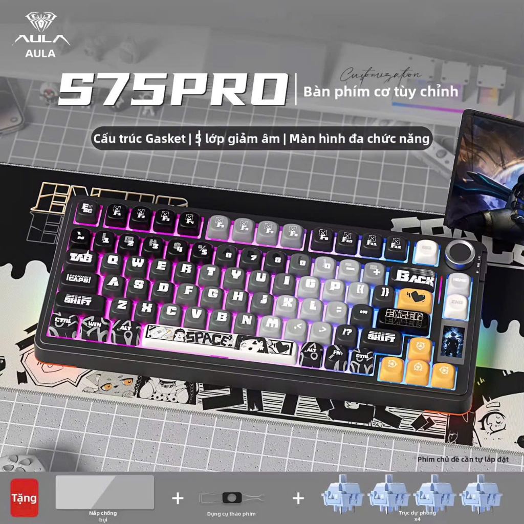 BÀN PHÍM CƠ AULA S75PRO 3MOD kết nối ( dây  + k dây + bluetooth) núm màn tùy chỉnh | BigBuy360 - bigbuy360.vn