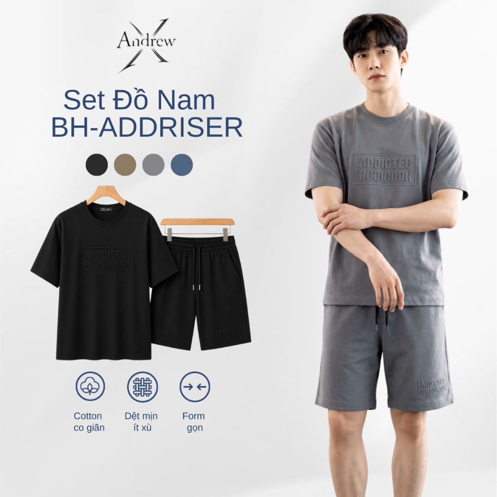 Set Đồ Nam BH-ADDRISER Cotton Mềm Mịn, Áo Cổ Tròn In Chữ Nổi, Quần Short Dây Rút Trẻ Trung Dạo Phố