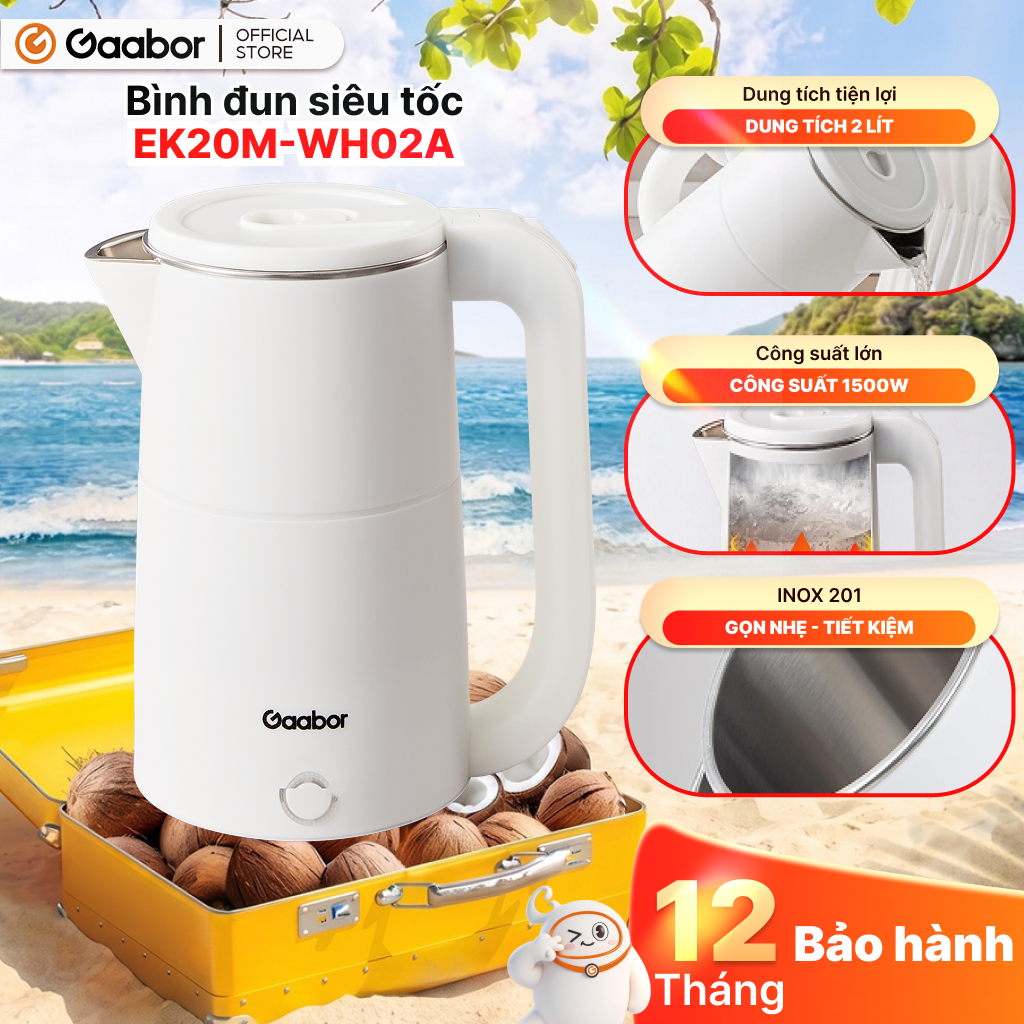 [Độc quyền Shopee] Ấm siêu tốc Gaabor EK20M-WH02A bình đun siêu tốc dung tích 2L công suất 1500W