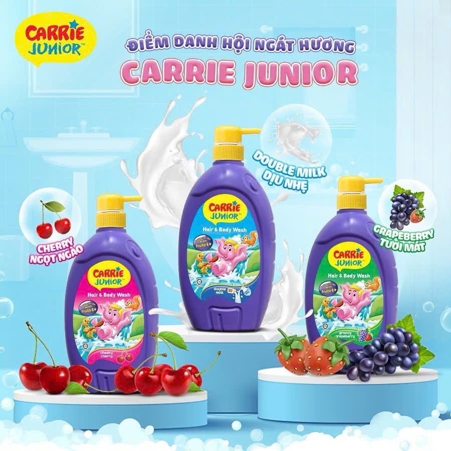 [MUA 2 ĐƯỢC 4] Combo 2 Túi Sữa Tắm Gội thiên nhiên Sạch Dịu Nhẹ & ẩm mịn Cho Bé Carrie Junior Cheeky Cherry (500g x 2)