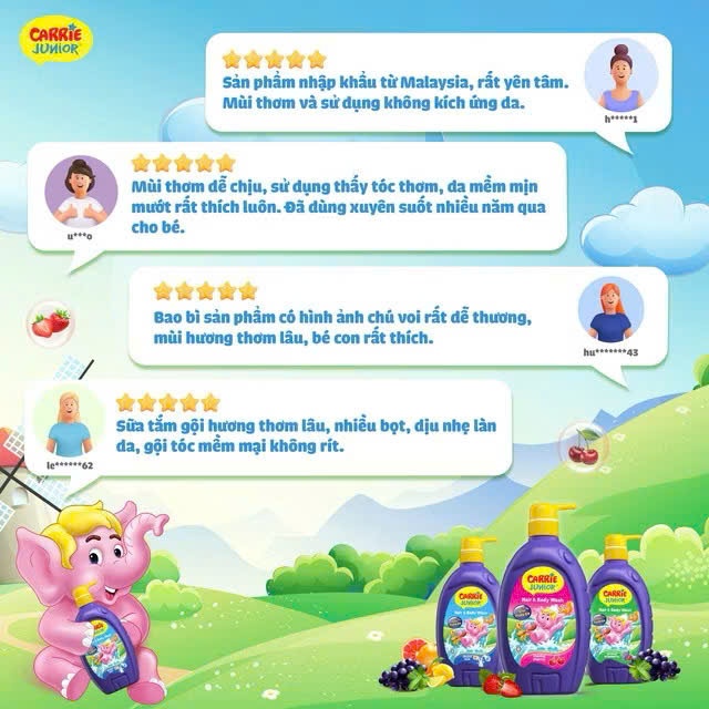 [MUA 2 ĐƯỢC 4] Combo 2 Túi Sữa Tắm Gội thiên nhiên Sạch Dịu Nhẹ & ẩm mịn Cho Bé Carrie Junior Cheeky Cherry (500g x 2)