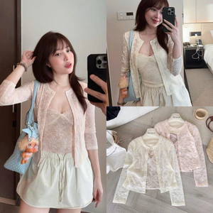Set áo 2 dây cổ V ren hoa kèm áo khoác cardigan hot trend phong cách Hàn Quốc - A6472