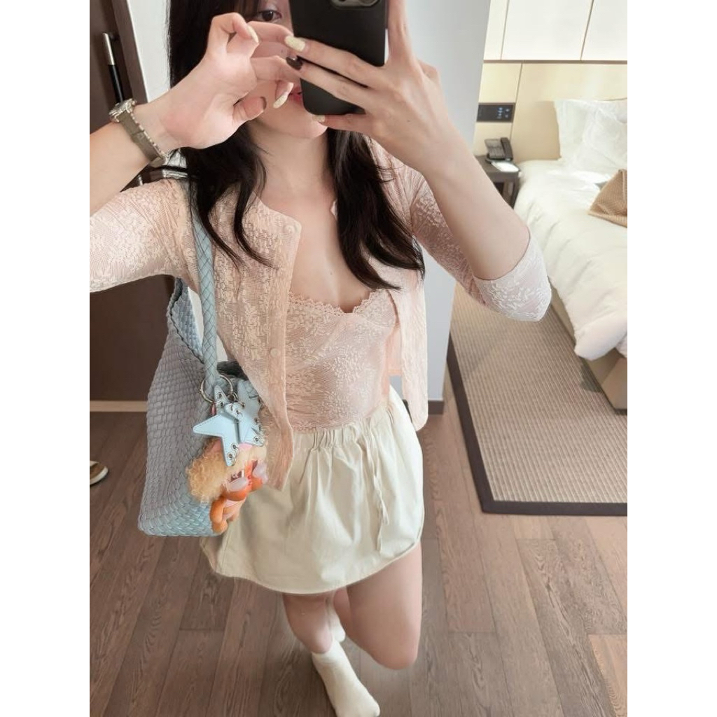 (Hàng Loại 1) Set áo 2 dây cổ V ren hoa kèm áo khoác cardigan hot trend phong cách Hàn Quốc - A6472