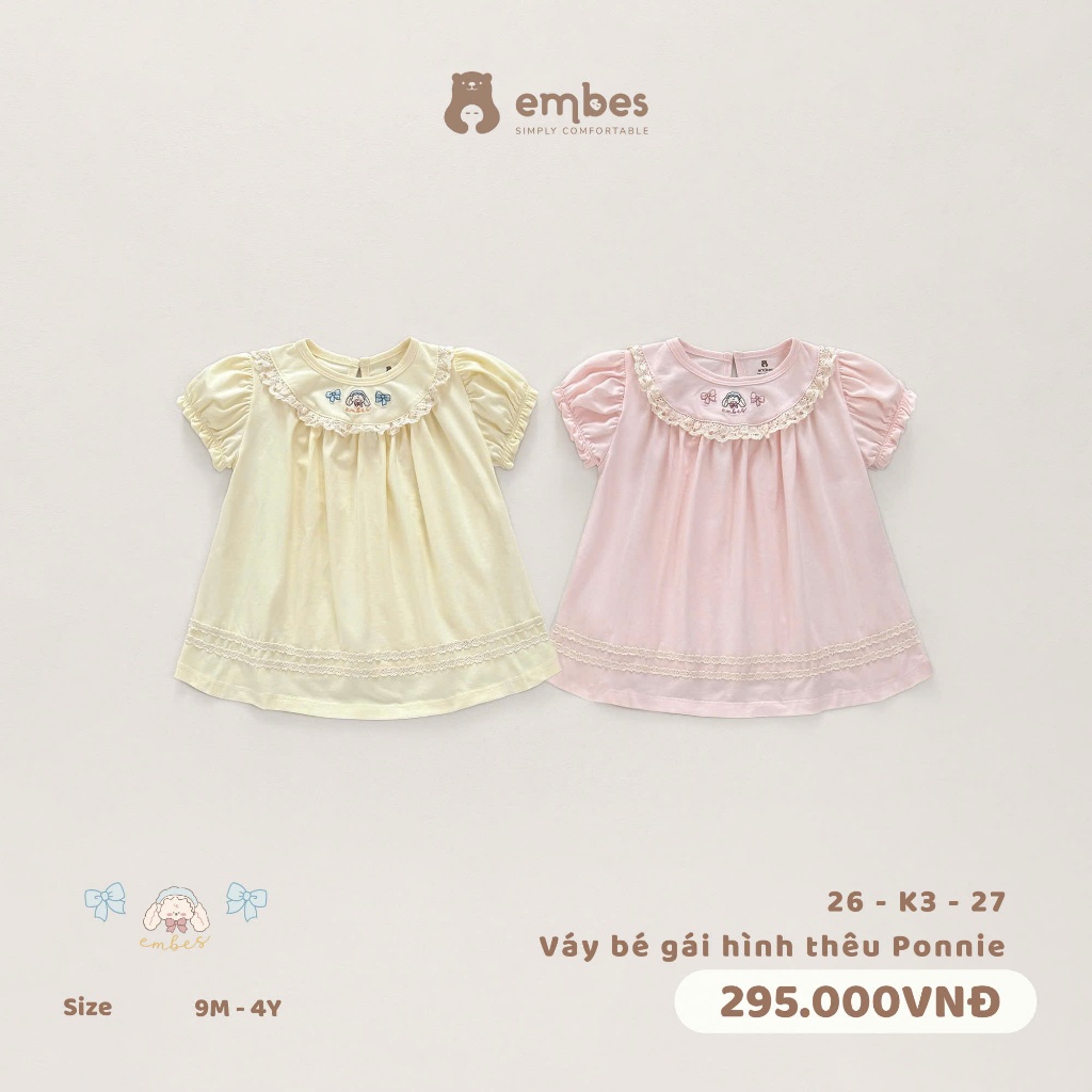 Váy Cho Bé Gái Embes, Váy Cộc Tay Bồng Viền Ren Thêu Hình Chất Cotton Cho Bé Gái Size Từ 8-18kg