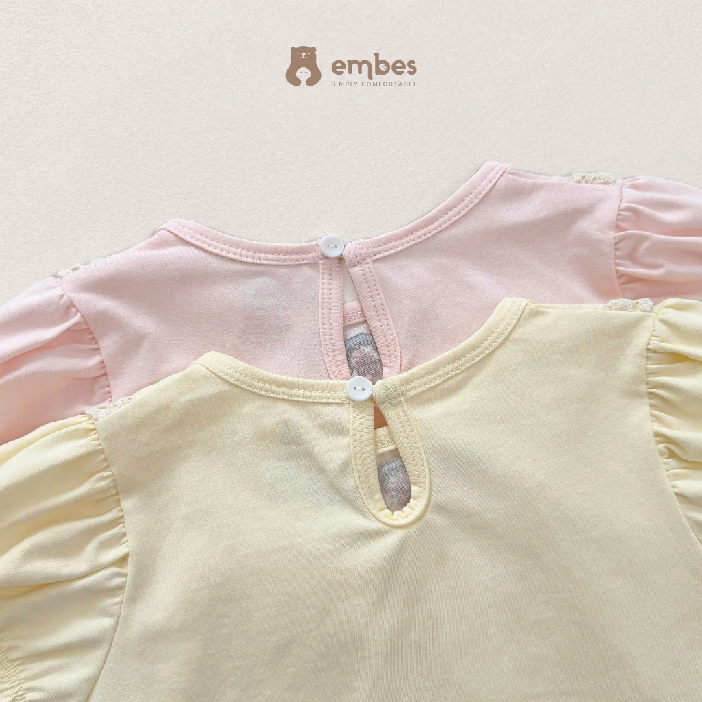 Váy Cho Bé Gái Embes, Váy Cộc Tay Bồng Viền Ren Thêu Hình Chất Cotton Cho Bé Gái Size Từ 8-18kg