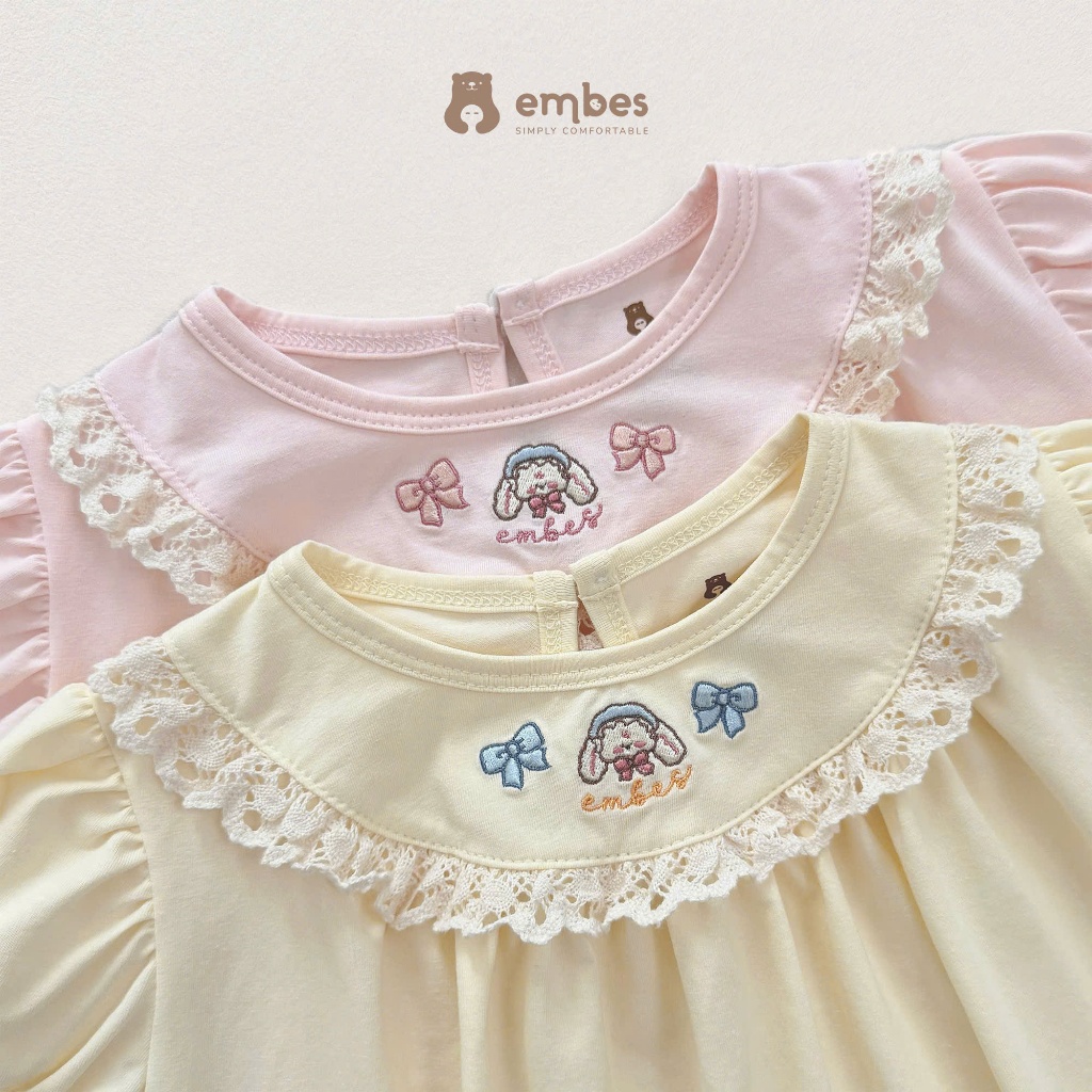Váy Cho Bé Gái Embes, Váy Cộc Tay Bồng Viền Ren Thêu Hình Chất Cotton Cho Bé Gái Size Từ 8-18kg