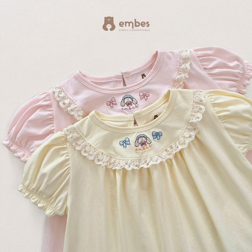Váy Cho Bé Gái Embes, Váy Cộc Tay Bồng Viền Ren Thêu Hình Chất Cotton Cho Bé Gái Size Từ 8-18kg